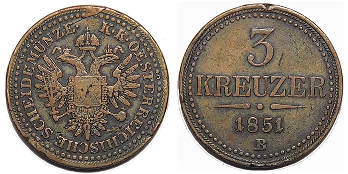 Ferenc József 3 krajcár 1851 B